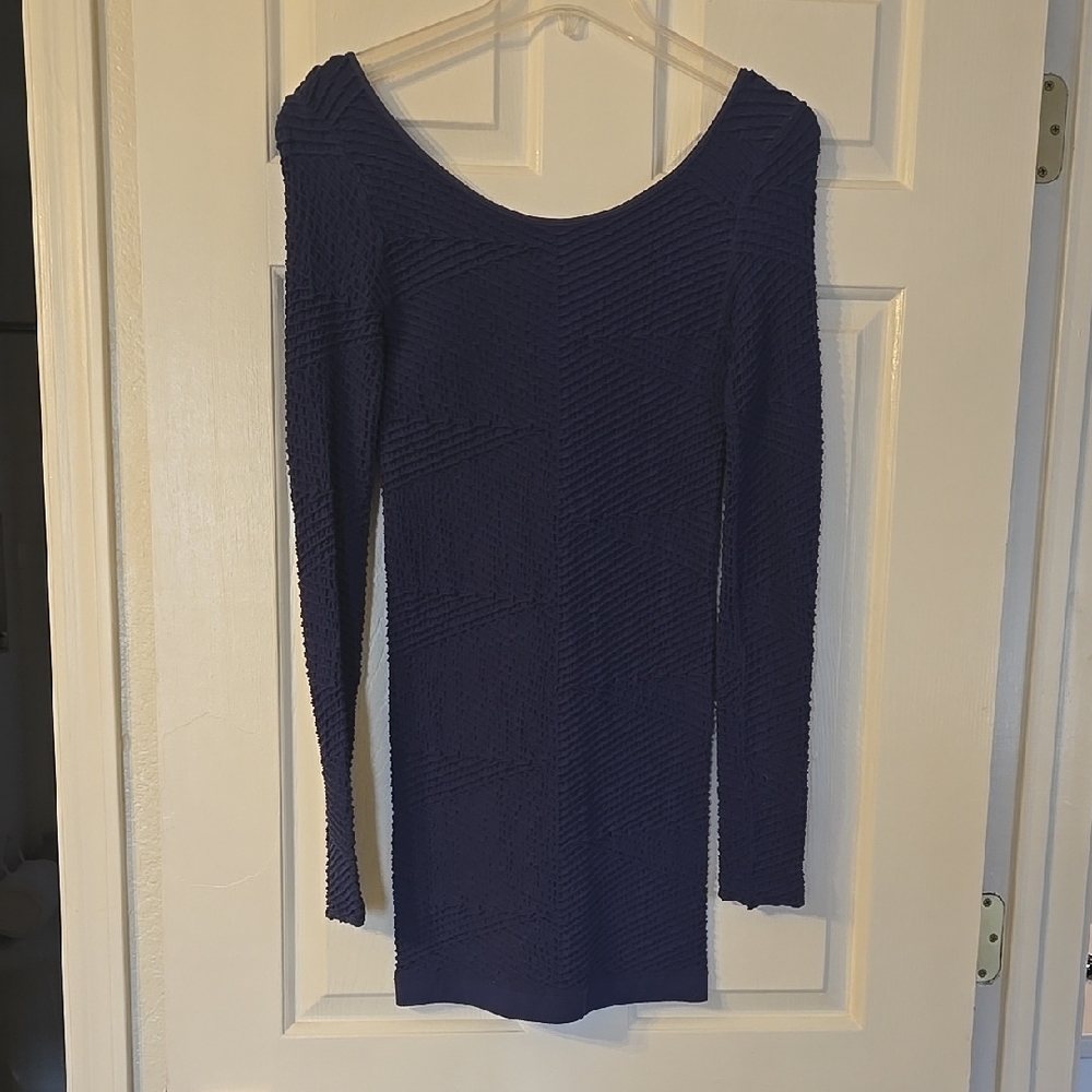 Blue Textured Long Sleeve Dress
